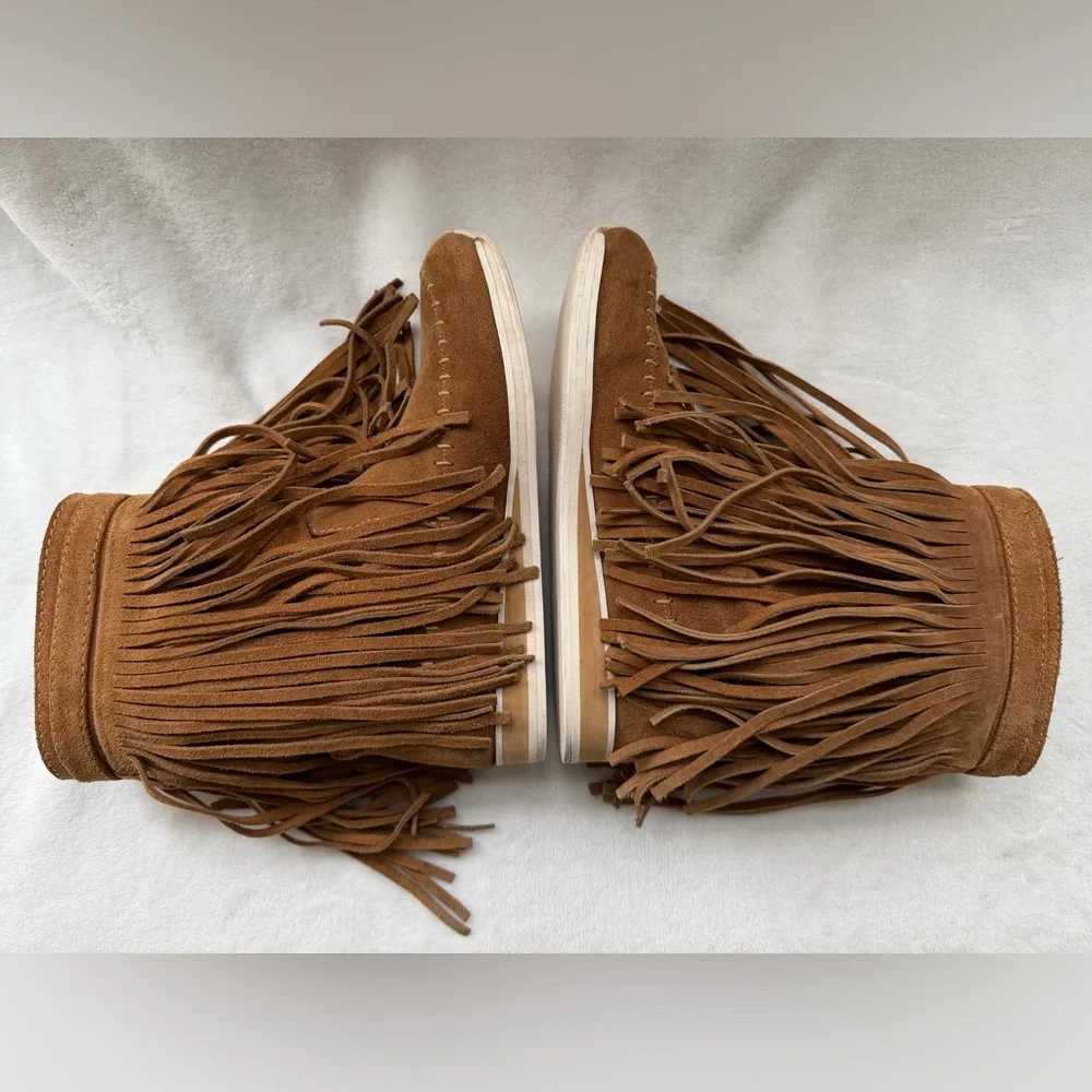 Maison Des Talons Anthropologie Tan Suede Fringe Mocassin Half Boots Size 38/8